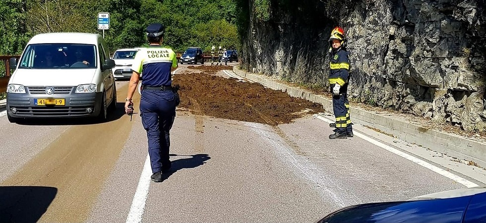 Si apre il cassone e il letame invade la statale, disagi nelle Giudicarie